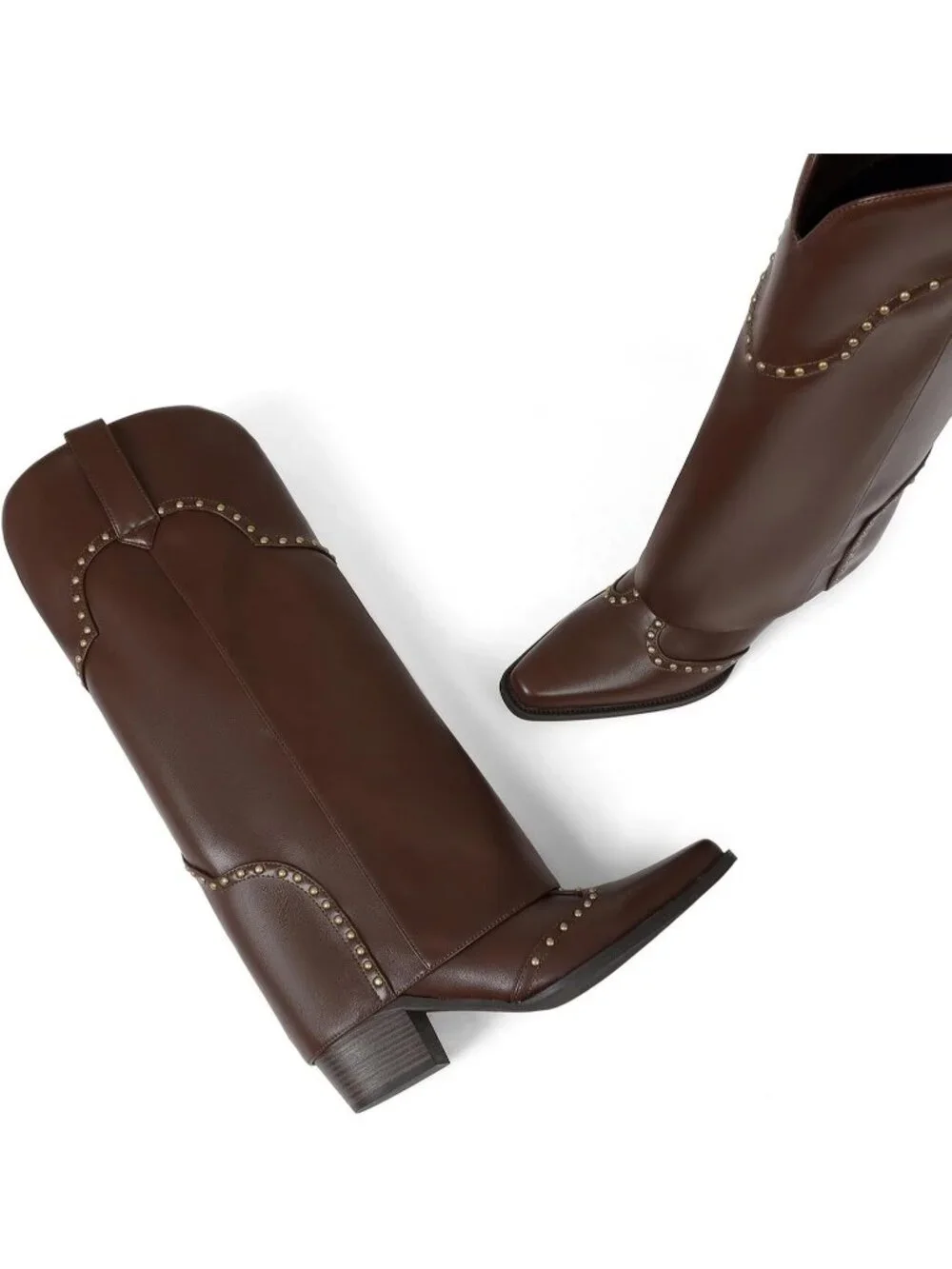 Women's Brown Polyurethane (PU) Studded Fold Over Knee High Chunky Heel Boot